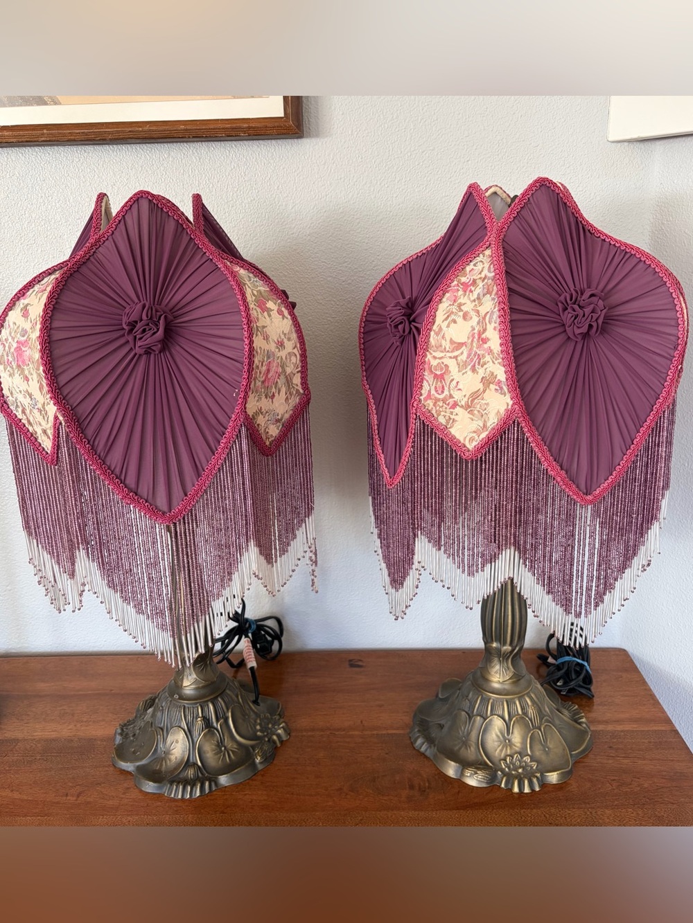 Victorian Lamps Shade Embroidered Fabric Glass Beaded Fringe Vintage 12" (2)